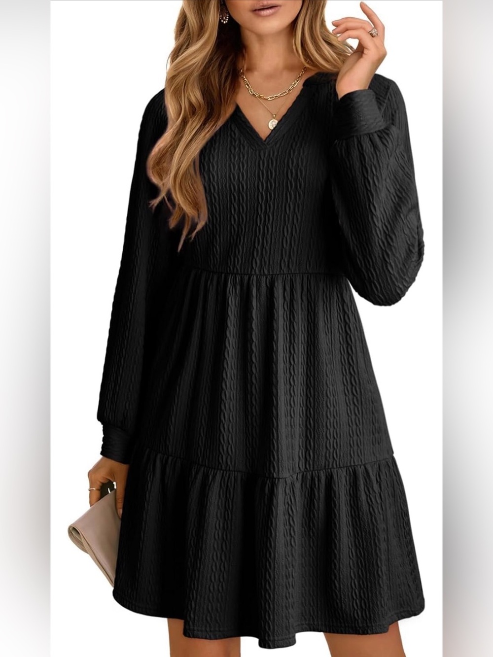 Black V-Neck Tiered Long Sleeve Women's Dress